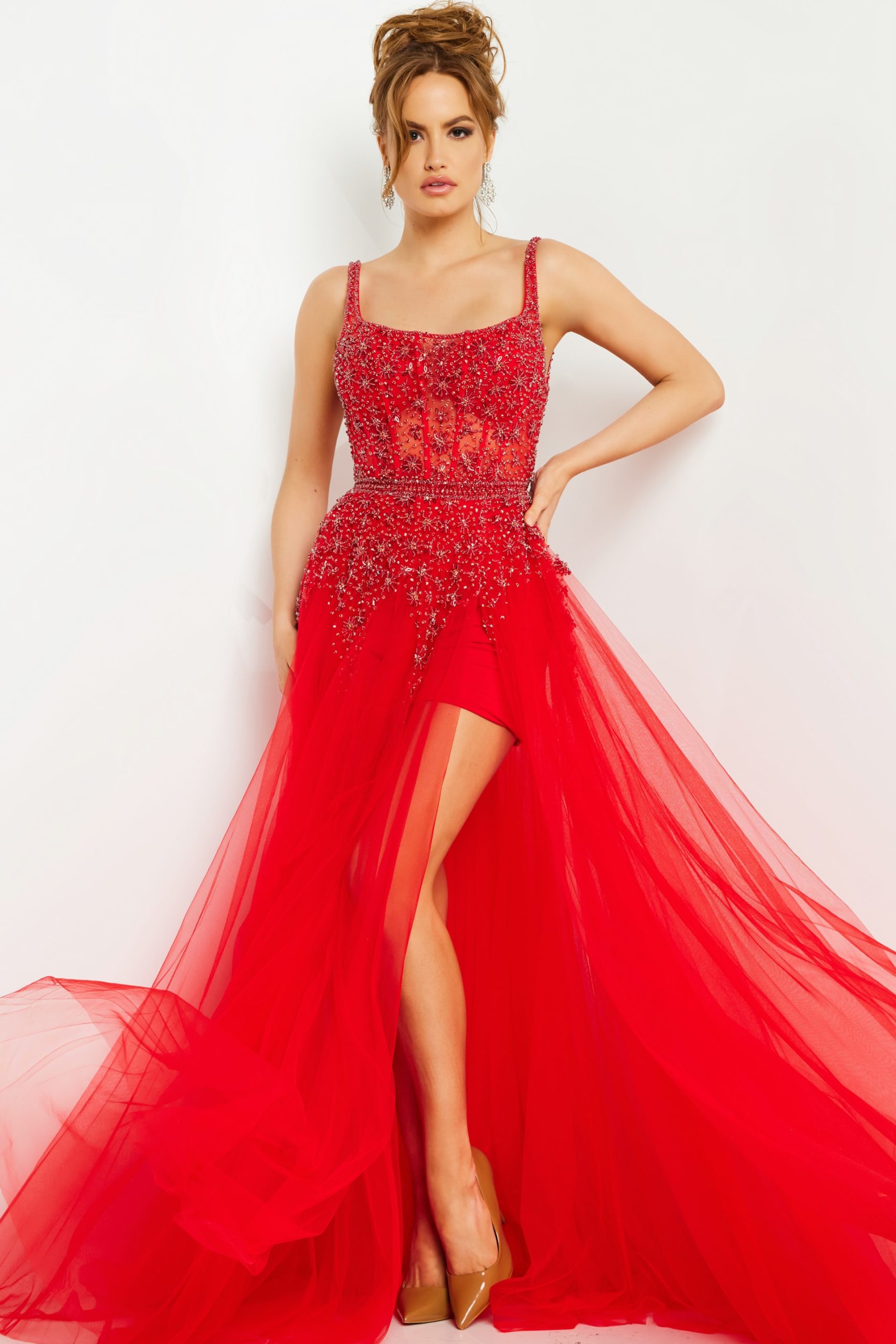 Red Beaded Bodice Open Back Gown 03954