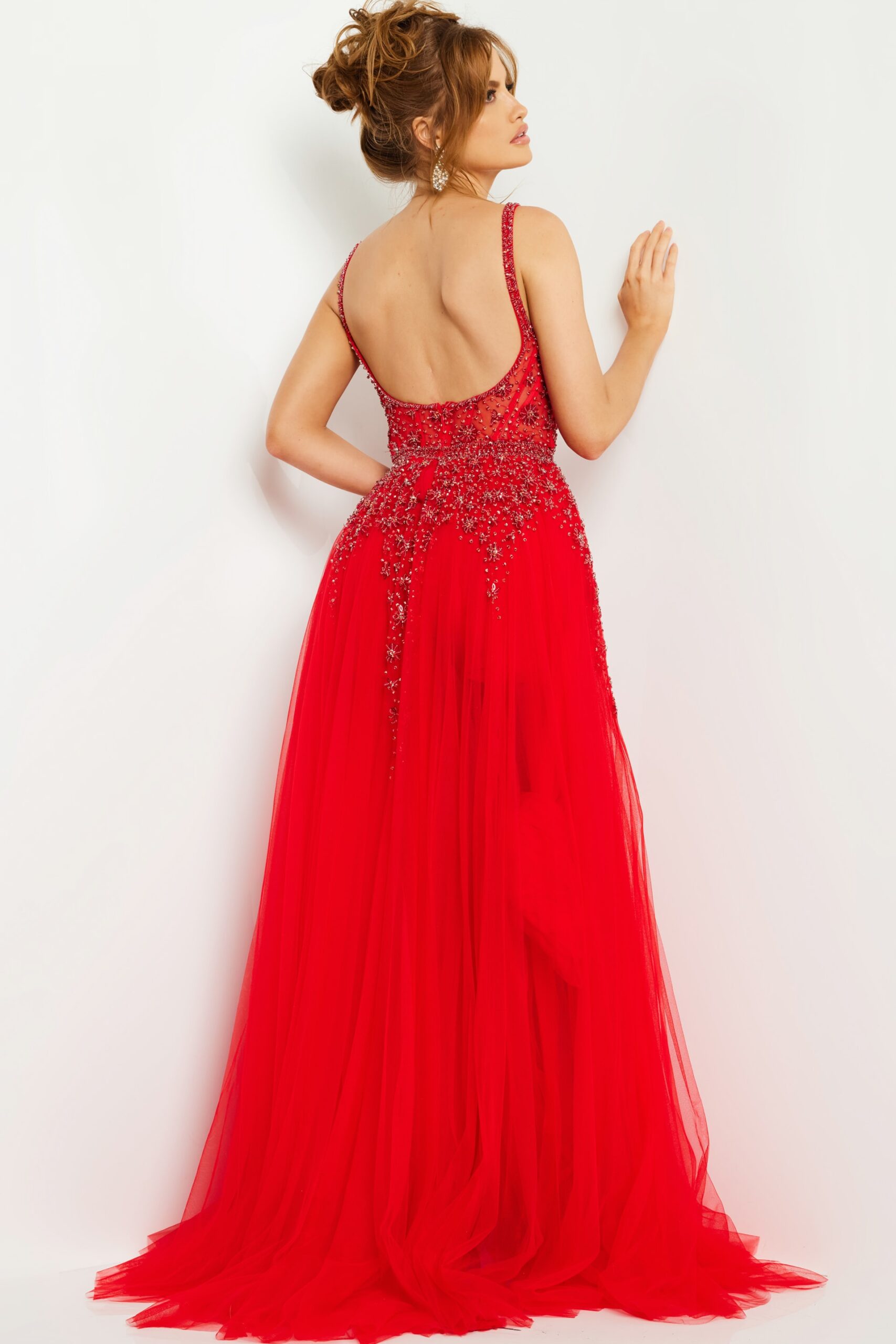 Red Beaded Bodice Open Back Gown 03954