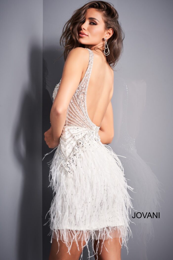Model wearing Jovani 04042 Off White Sheer Bodice Homecoming Dress