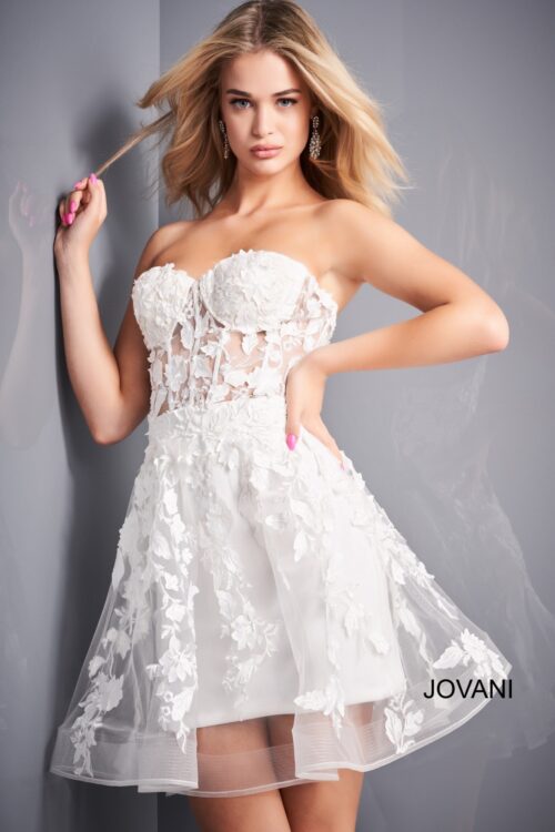 Model wearing Jovani Off 04109 White Fit and Flare Wedding Reception Dress