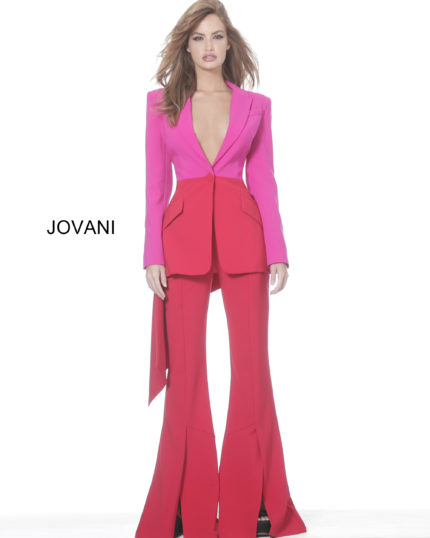 Model in Jovani 04184 red and fuchsia outfit featuring a tailored jacket and wide-leg pants.