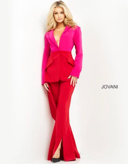 Model wearing Jovani 04148 red and fuchsia suit, front view.