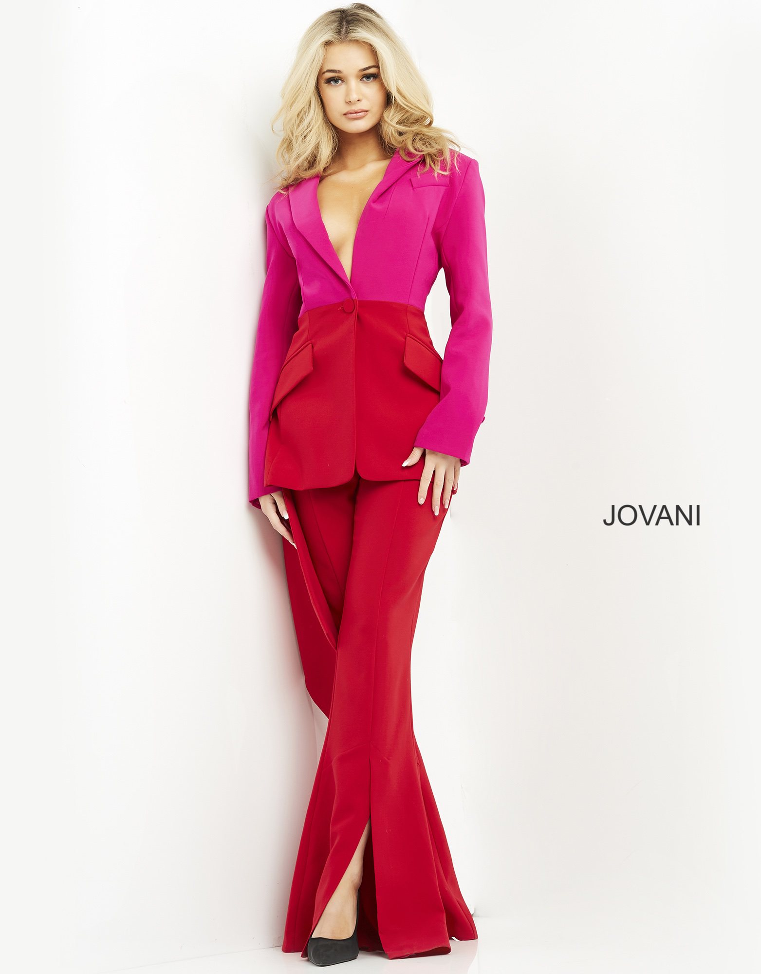 Jovani 04148 Red Fuchsia Contemporary Pant Suit