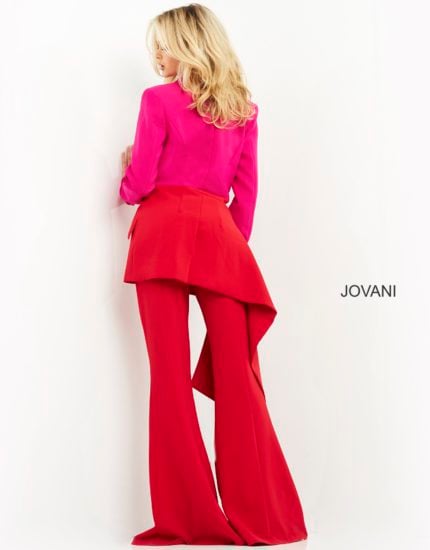 Model wearing Jovani 04148 red and fuchsia suit, back view.