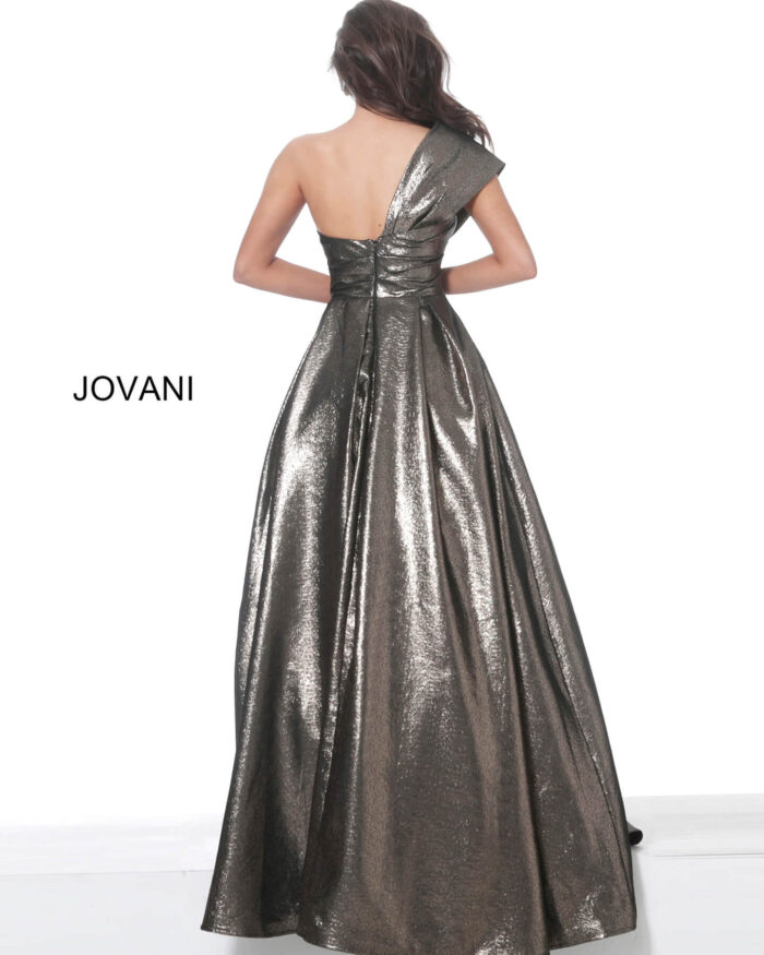 Model wearing Jovani 04170 Bronze Metallic One Shoulder Evening Ballgown