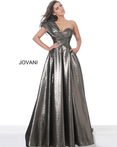 Model wearing Jovani 04170 Bronze Metallic One Shoulder Evening Ballgown