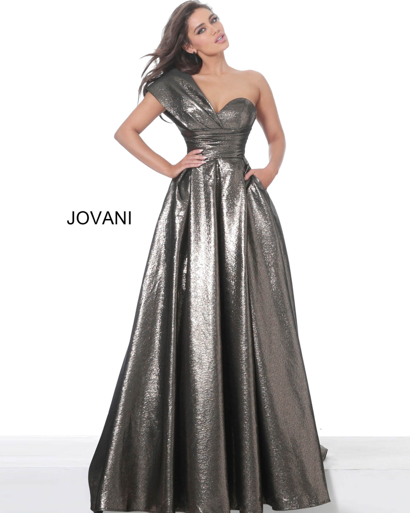 Jovani 04170 Bronze Metallic One Shoulder Evening Ballgown