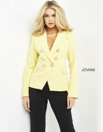 Model wearing Jovani 04171 yellow blazer with floral buttons, front view.