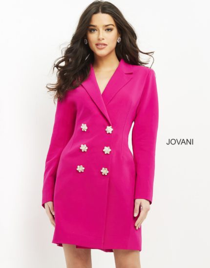 model wearing Jovani 04172 fuchsia blazer dress with floral buttons, front view