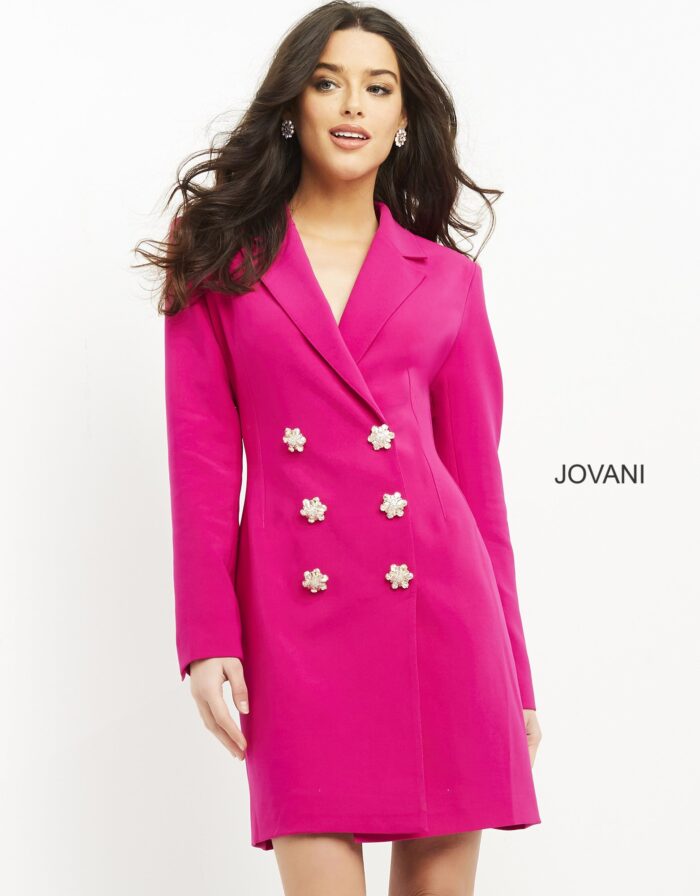 Model wearing Jovani 04172 Fuchsia Three Quarter Length Contemporary Blazer