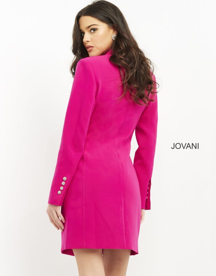 Model wearing Jovani 04172 Fuchsia Three Quarter Length Contemporary Blazer