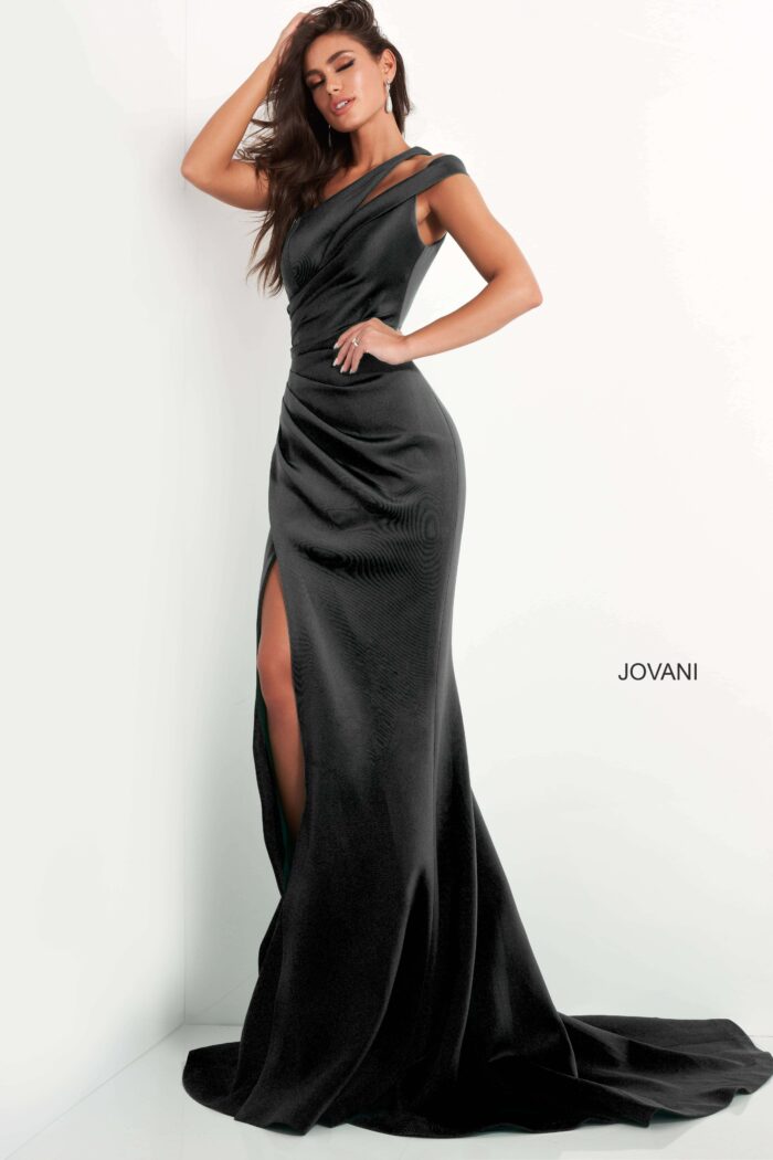 Model wearing Jovani 04222 Green One Shoulder Ruched Evening dress