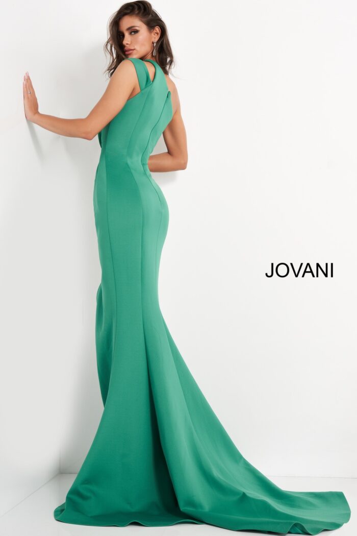 Model wearing Jovani 04222 Green One Shoulder Ruched Evening dress
