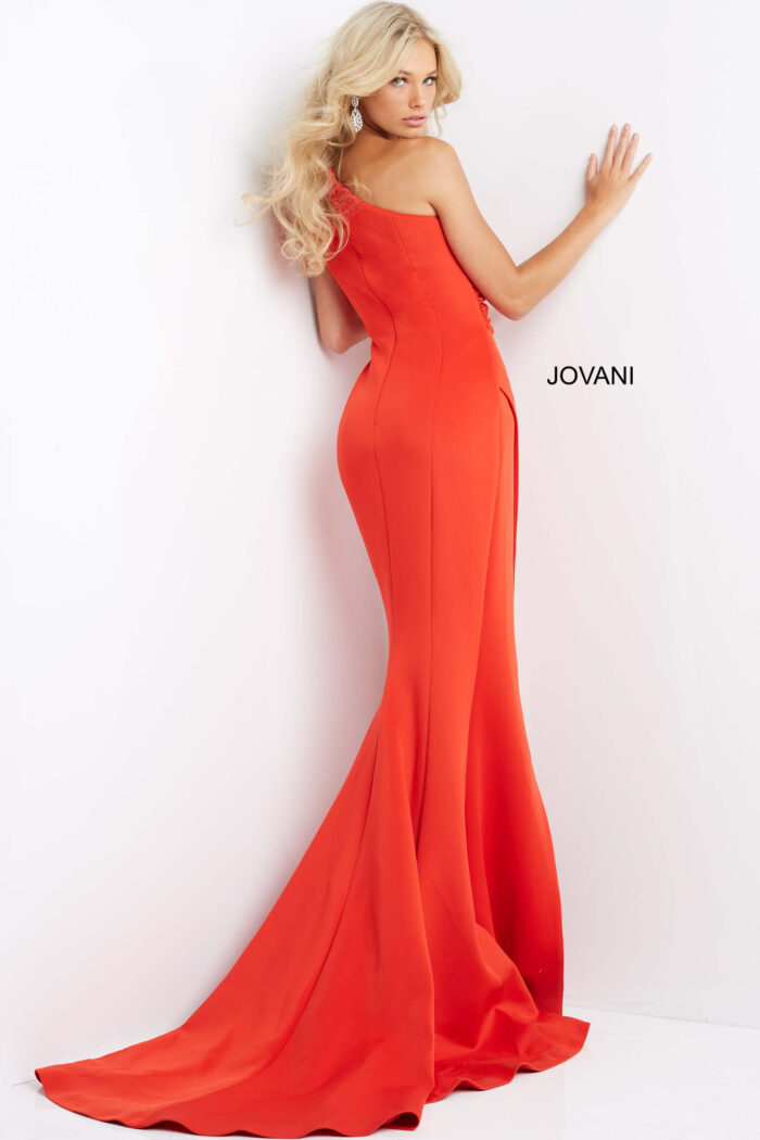 Model wearing Jovani 04222 Tomato Scuba Elegant Gown