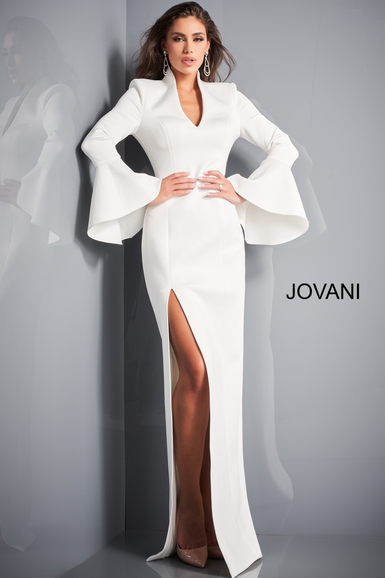 Jovani 04240 White High Slit Bell Sleeve Gown