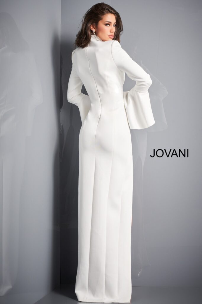 Jovani 04240 White High Slit Bell Sleeve Gown