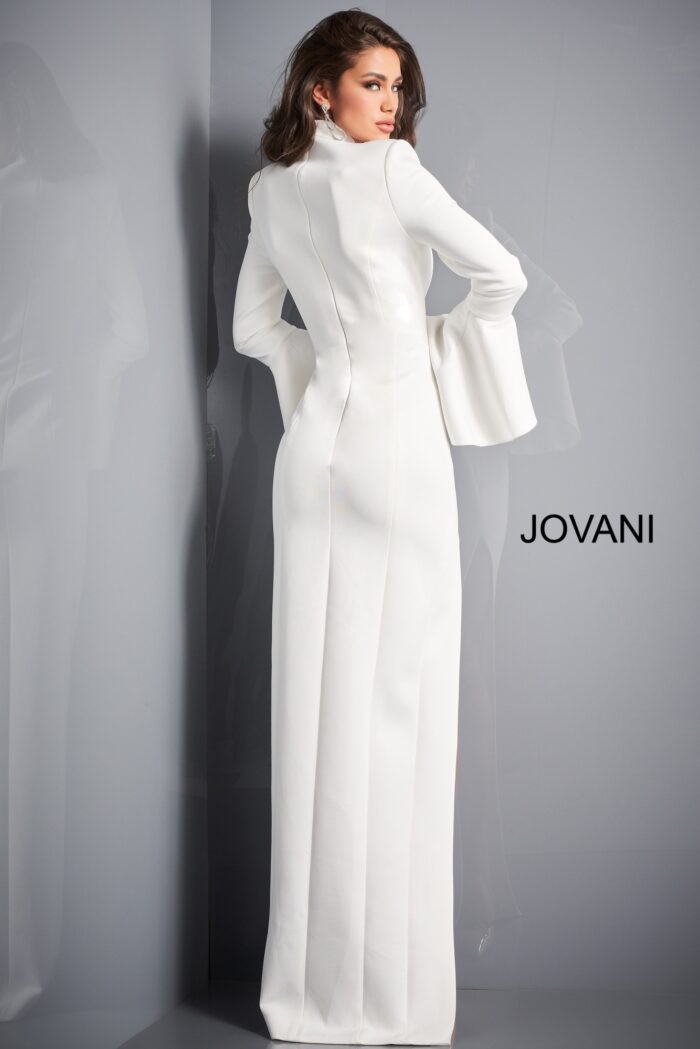 Model wearing Jovani 04240 White High Slit Bell Sleeve Gown