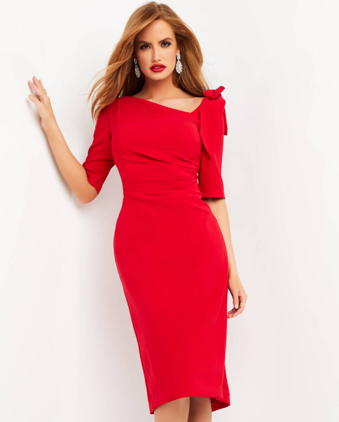 Model wearing Jovani 04281 Red Short Sleeve Knee Length Dress