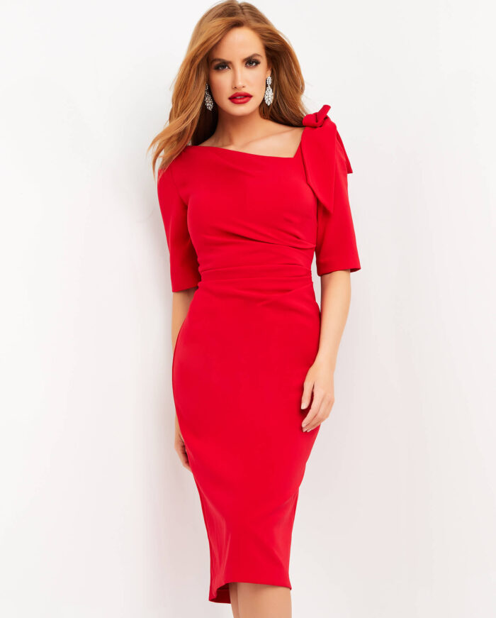 Model wearing Jovani 04281 Red Short Sleeve Knee Length Dress