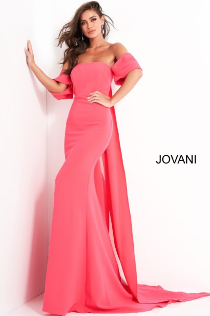 Model wearing Jovani 04350 red gown with floor-length design and strapless neckline.