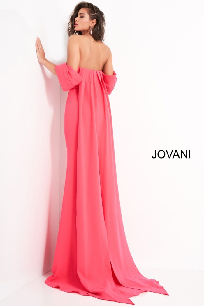 Model wearing Jovani 04350 Lipstick Off the Shoulder Crepe Evening Dress