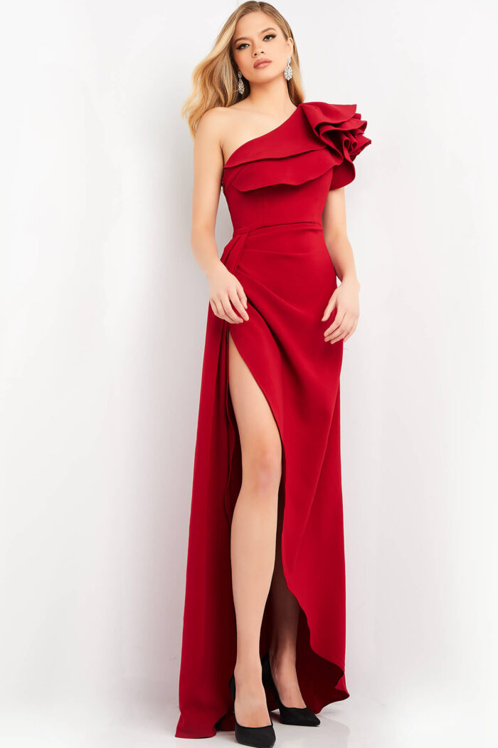 Model wearing Jovani 04352 Cranberry One Shoulder High Low Evening Dress