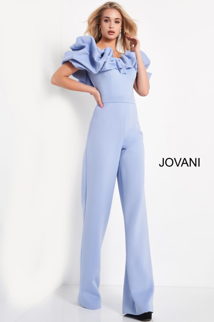 Model wearing Jovani 04369 Light Blue Off the Shoulder Scuba Jumspuit