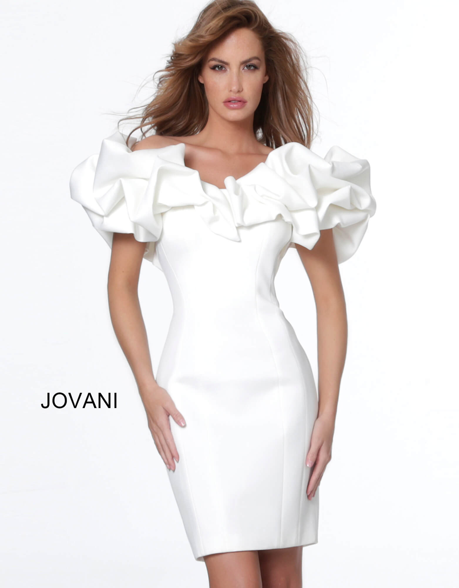 Jovani 04367 White Off the Shoulder Ruffle Neckline Cocktail Dress