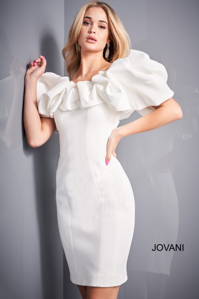 Model wearing Jovani 04367 White Off the Shoulder Ruffle Neckline Cocktail Dress