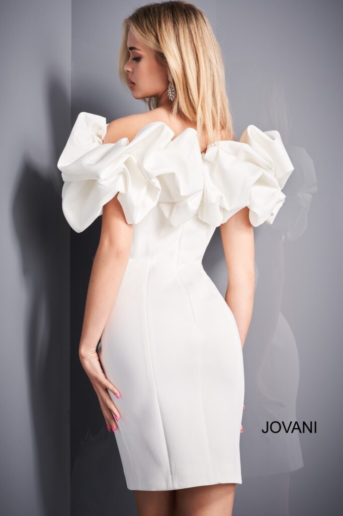 Jovani 04367 White Off the Shoulder Ruffle Neckline Cocktail Dress