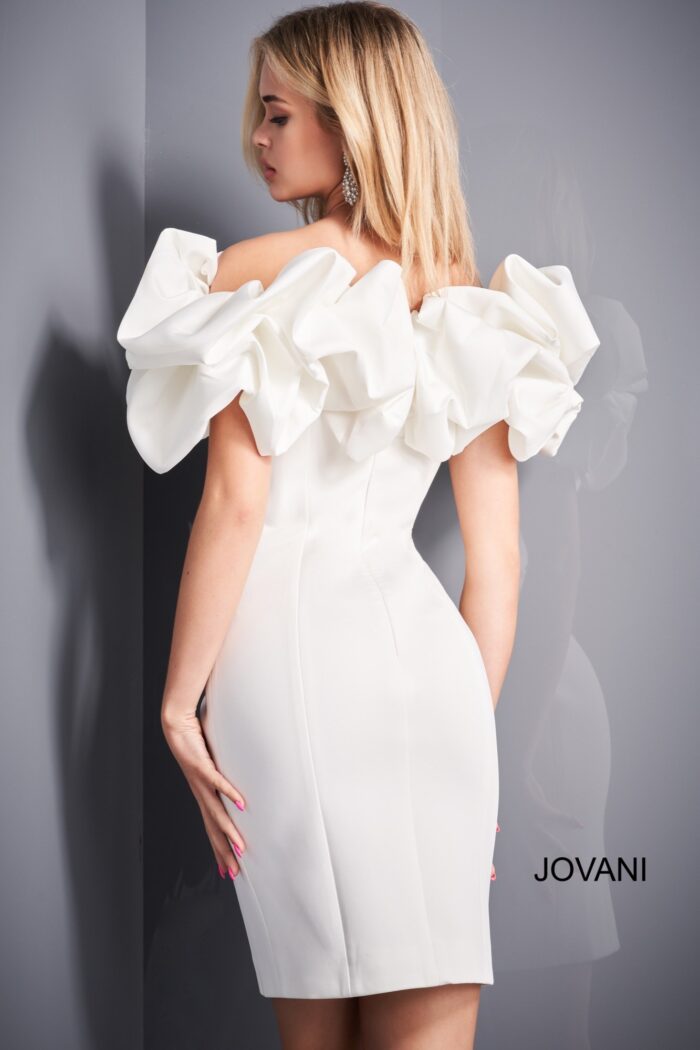 Model wearing Jovani 04367 White Off the Shoulder Ruffle Neckline Cocktail Dress