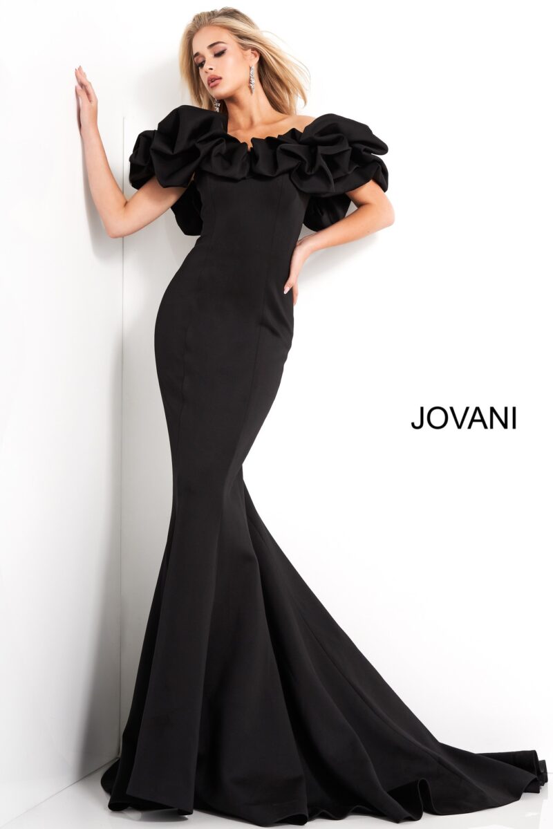 Jovani 04368 Black Off the Shoulder Scuba Evening Dress - Jovani