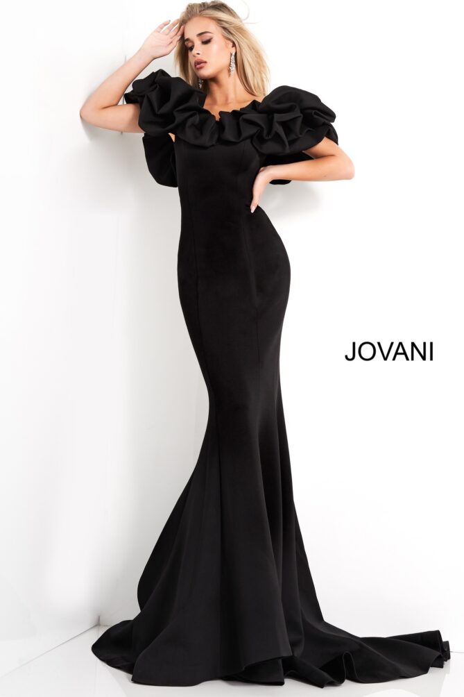 Jovani 04368 Black Off the Shoulder Scuba Evening Dress - Jovani