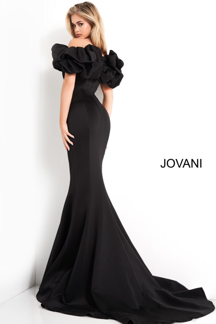Model wearing Jovani 04368 Black Off the Shoulder Scuba Evening Dress