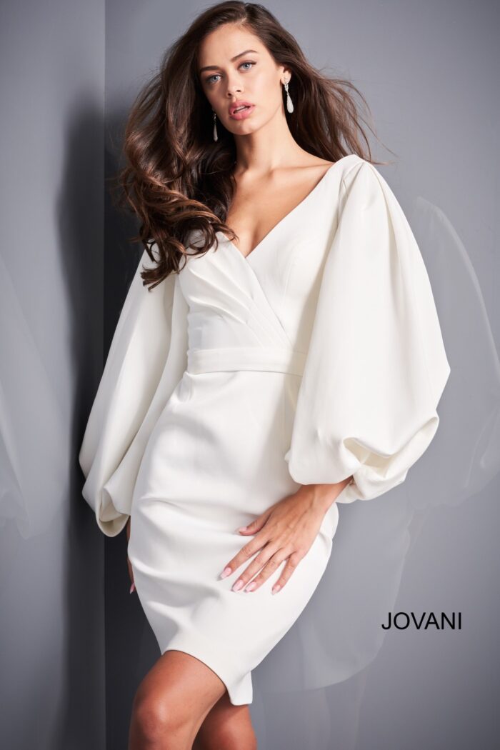 Model wearing Jovani 04370 White Long Sleeve Cocktail Dress