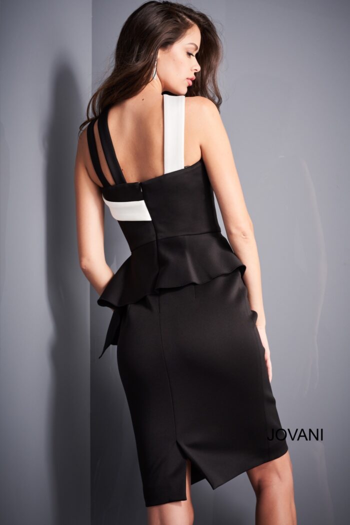 Model wearing Jovani 04409 Black White Knee Length Cocktail Dress