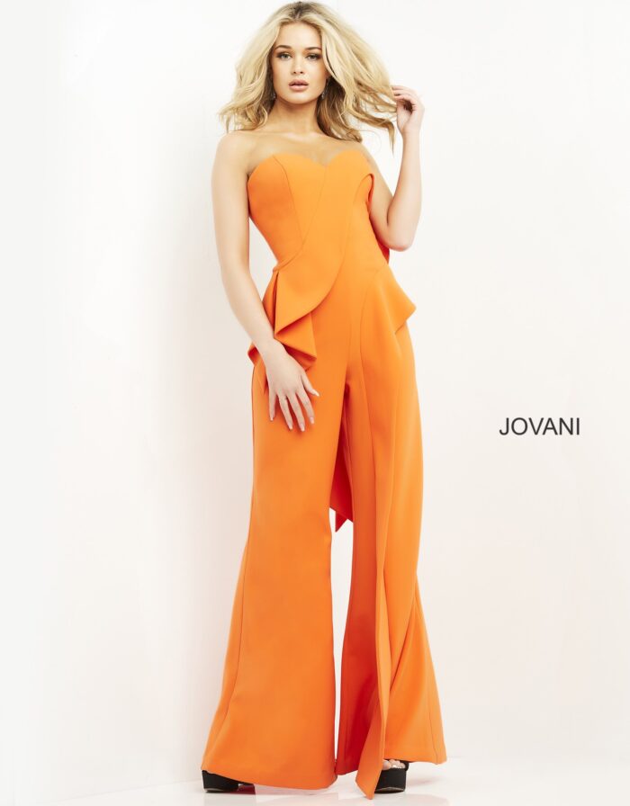 Model wearing Jovani 04427 Orange Sweetheart Neck Contemporary Jumpsuit