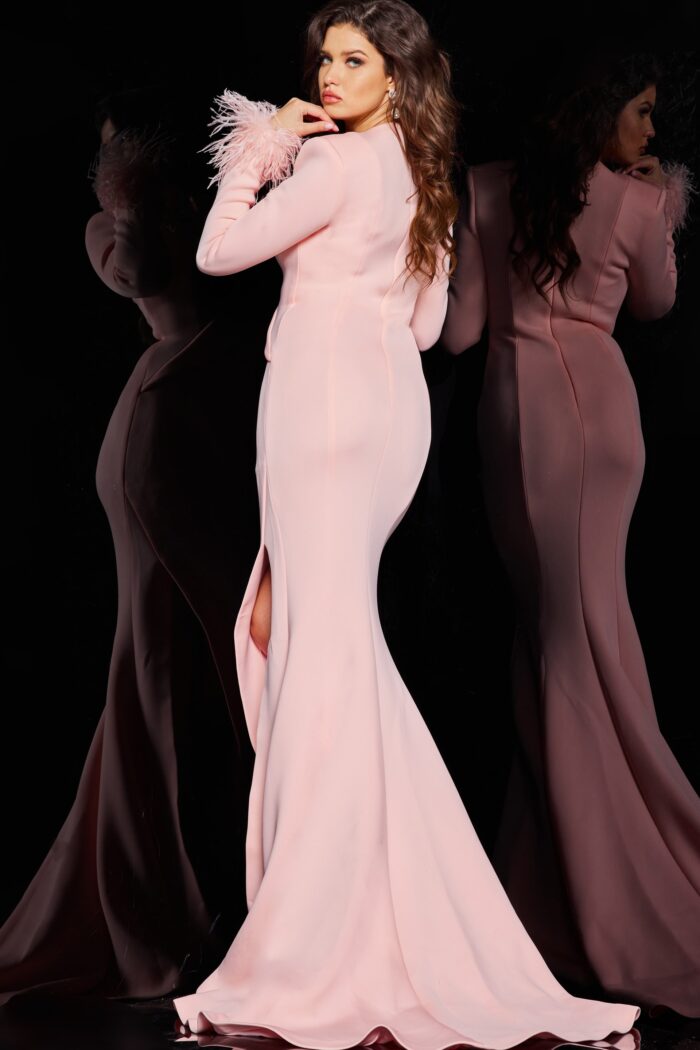 Model wearing Blush Ruched Long Sleeve Gown 04501