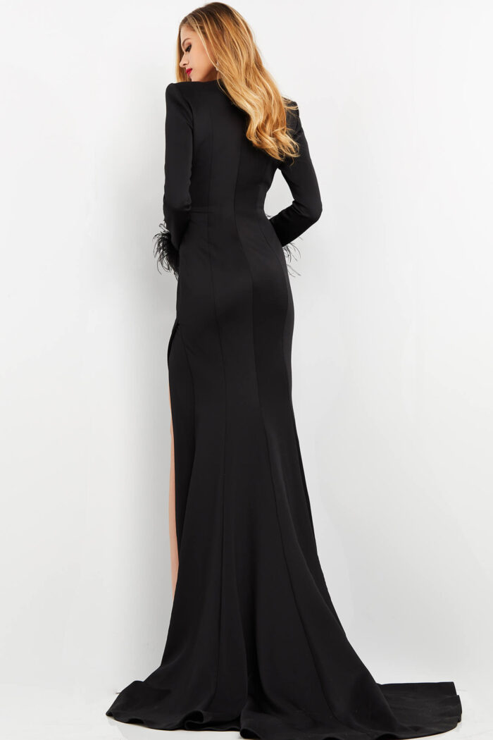 Model wearing Jovani 04501 Black V Neck High Slit Dress