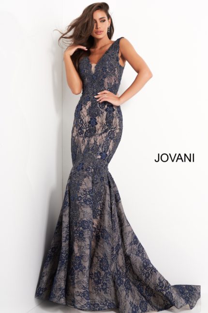 Model wearing Jovani 04585 navy lace mermaid gown, floor-length.