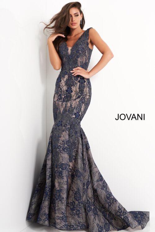 Model wearing Jovani 04585 Navy Lace V Neck Mermaid Evening Dress