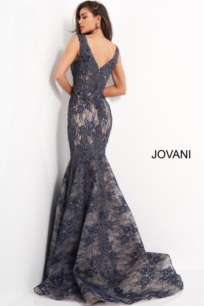 Model wearing Jovani 04585 Navy Lace V Neck Mermaid Evening Dress