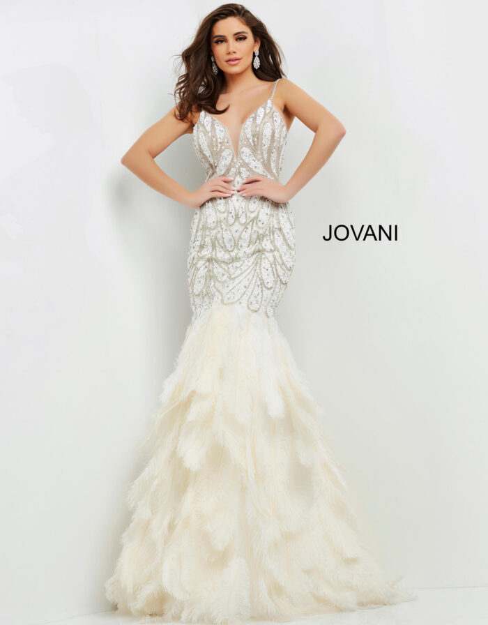 Model wearing Jovani 04625 Form fitting floor length dress with mermaid feather bottom