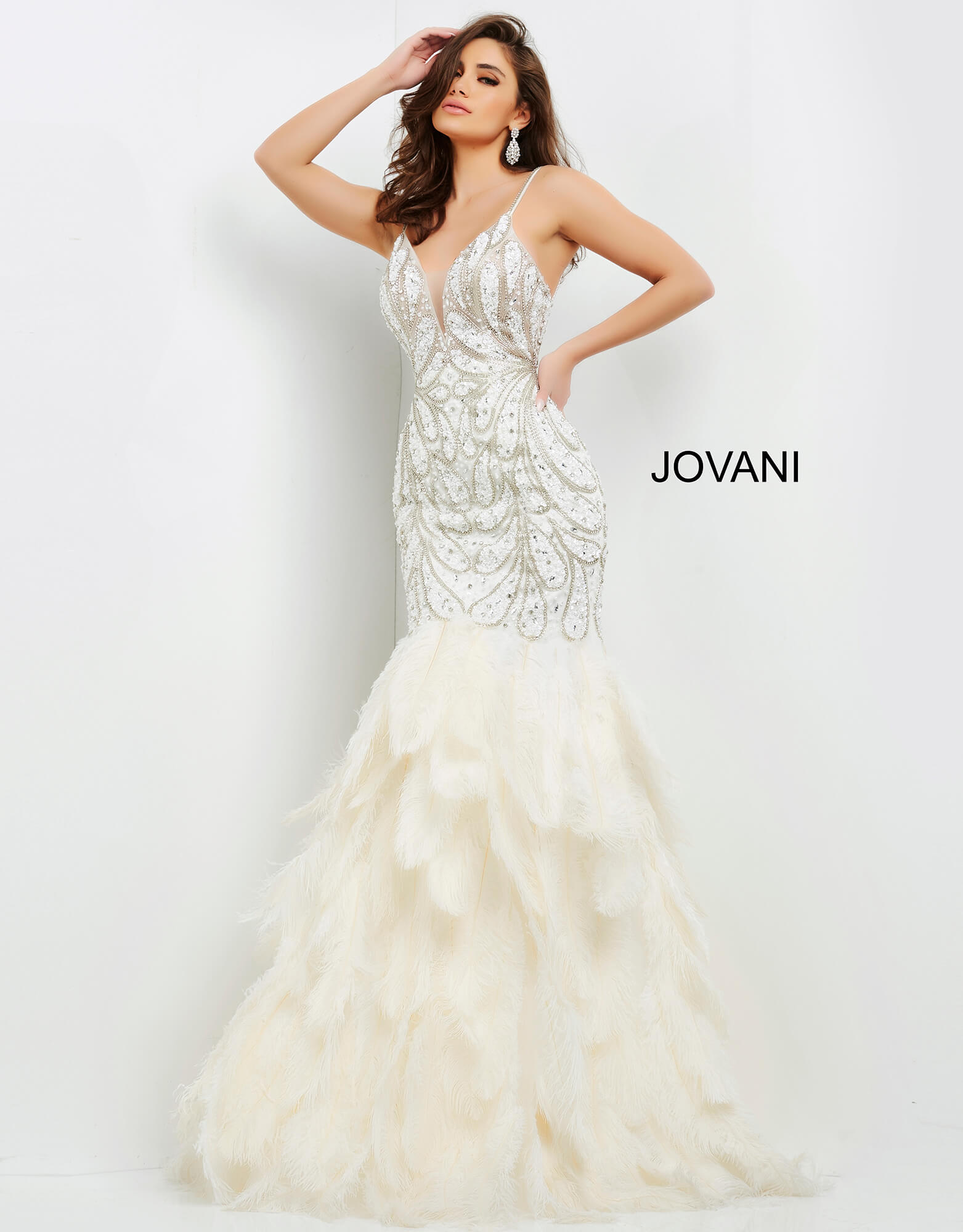 Jovani 04625 Form fitting floor length dress with mermaid feather bottom