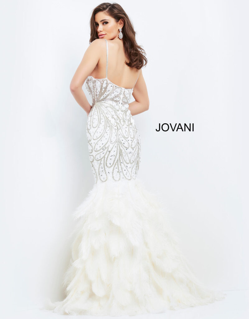 Jovani 04625 Form fitting floor length dress with mermaid feather bottom