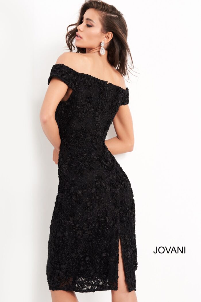 Model wearing Jovani 04763 Red Knee Length Lace Short Dress