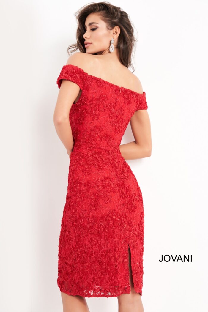 Model wearing Jovani 04763 Red Knee Length Lace Short Dress