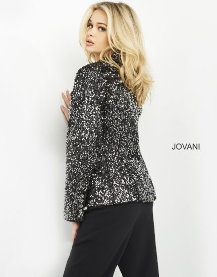 Model wearing Jovani 04825 black sequin dress, back view