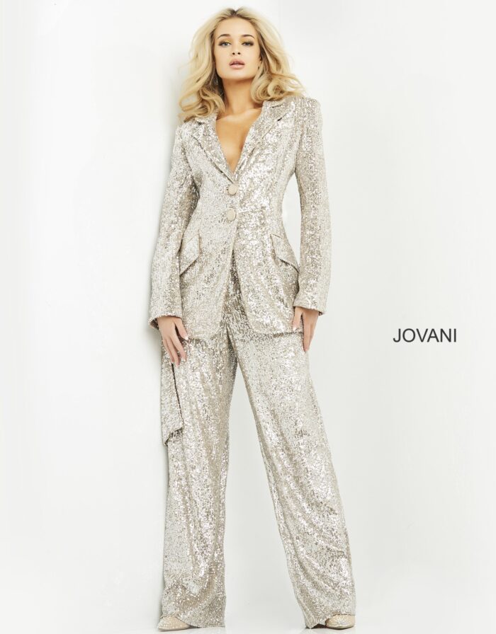 Model wearing Jovani 04904 Silver Sequin Contemporary Blazer