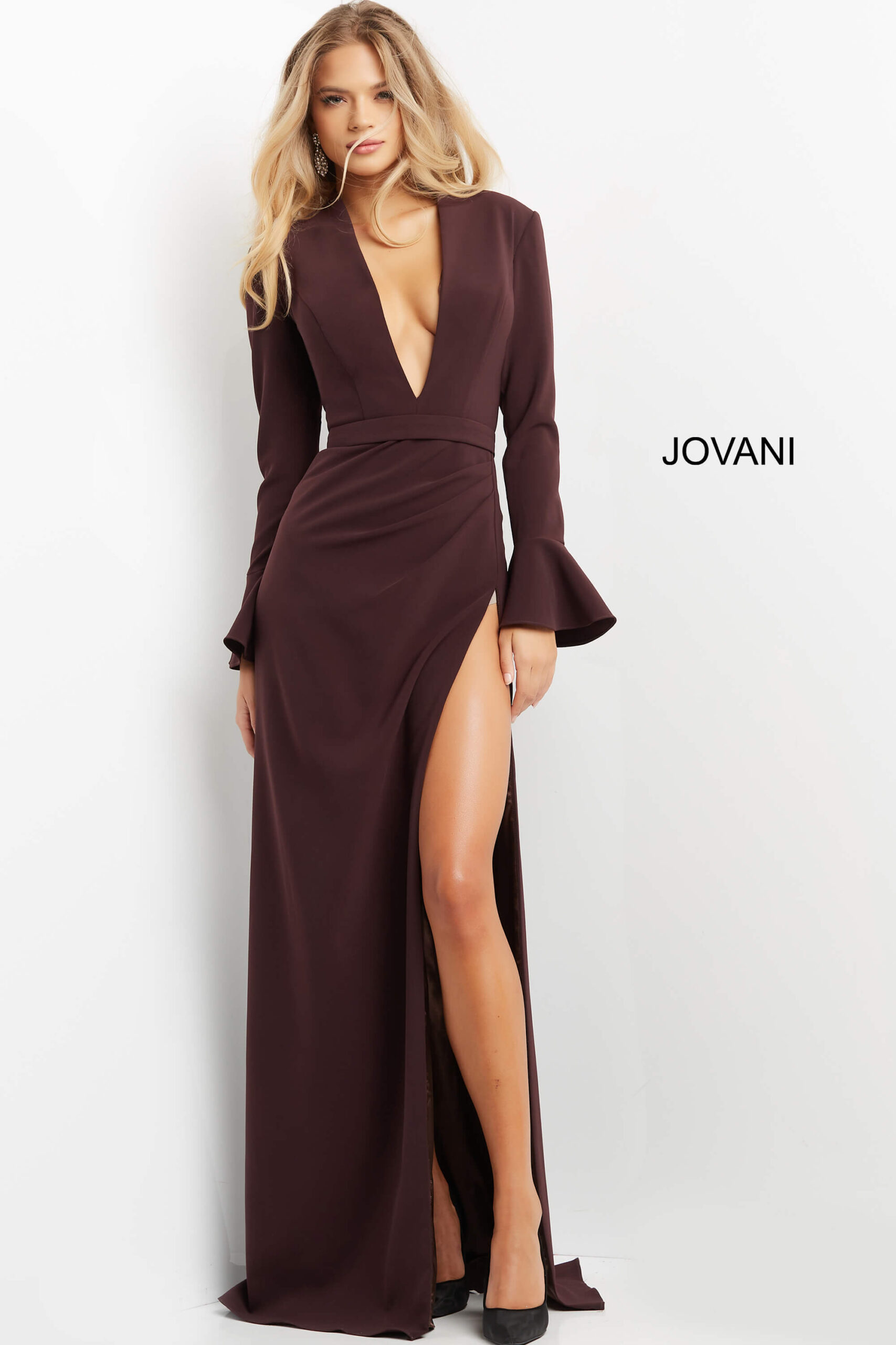 Jovani 04965 Plum Plunging Neck Sheath Evening Gown